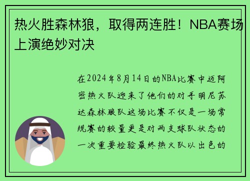热火胜森林狼，取得两连胜！NBA赛场上演绝妙对决